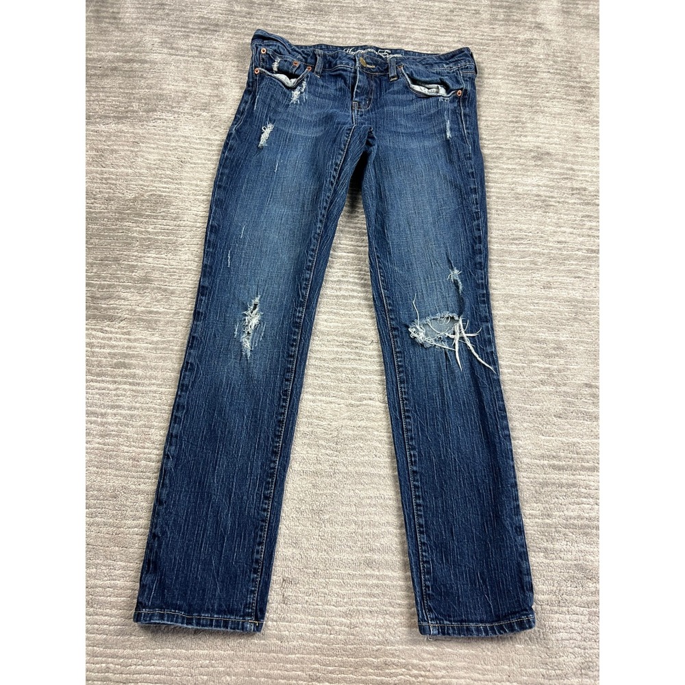 American Eagle Jeans Womens 12 Blue Skinny 77 Low Rise Distressed Denim Ripped